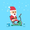 Cartoon santa claus riding recumbent exercise bikes