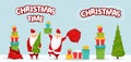 Cartoon Santa Claus set. Funny happy Santa character with christmas tree, pile of gifts, bag with presents, glad, waving Royalty Free Stock Photo