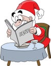 Cartoon Santa Claus sitting at a restaurant looking at the menu to order some food vector illustration