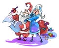 Cartoon Santa Claus and the snow maiden read the list. Grandfather Frost and Snow Maiden on a white background. Funny New Year Royalty Free Stock Photo