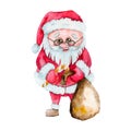 Cartoon Santa Claus watercolor. Santa Claus character with gift, bag with presents layer path, clipping path isolated on