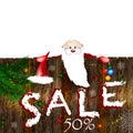 Cartoon of Santa Claus on a wood background.