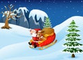 Cartoon santa clause and a reindeer riding on a sleigh with sack of gifts in snow downhill Royalty Free Stock Photo