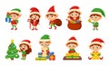 Cartoon santa elves characters, christmas elf with gifts and xmas tree. Cute helpers, celebrating magic creature. Winter Royalty Free Stock Photo