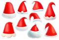 Cartoon Santa hats of different design. Set of digital illustrations isolated on white background Royalty Free Stock Photo