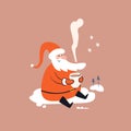 Cartoon Santa sits in the snow and drinks a hot drink. Smiling Santa Claus is resting on the snow with a hot cup of tea
