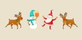 Cartoon Santa, Snowman and Christmas reindeer. Vector Christmas illustration isolated. Chrismas characters Royalty Free Stock Photo