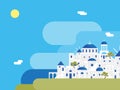 Cartoon Santorini Island Village Landscape Background. Vector
