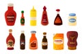 Cartoon sauce. Bottle for ketchup or mayonnaise. Containers with soy or mustard, hot chilli and Chinese spicy condiments. Cooking Royalty Free Stock Photo