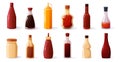 Cartoon sauce bottles. Traditional spicy ketchup mayonnaise mustard soy sauce packaging, fast food condiment ingredients