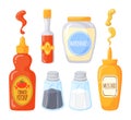 Cartoon sauce condiments. Condiment bottle mayonnaise chilli ketchup mustard, gourmet dressing salad ranch bbq kitchen