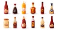 Cartoon sauces. Different ketchup mustard mayo soy sauce, sweet and spicy food condiments in bottles and jars. Vector Royalty Free Stock Photo
