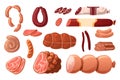 Cartoon sausages. Meat grocery assortment. Pork, chicken and beef smoked products. Butchery collection. Salami slices and ham