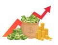 Cartoon savings value growth. Money profit increase, profitable investments chart with red graph arrow and cash pile