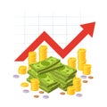 Cartoon savings value growth. Money profit with red rising up graph arrow and cash pile. Economic growth business Royalty Free Stock Photo