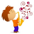 Cartoon saxophonist with abstract music note