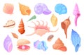 Cartoon scallops. Tropical concha sea snail oyster clam scallop seashells, mollusks spiral shells aquarium or underwater