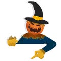 Cartoon Scarecrow Character for Halloween Asset Pointing Down Behind Paper Royalty Free Stock Photo