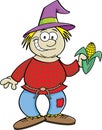 Cartoon scarecrow holding an ear of corn.