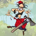 Cartoon scared lumberjack in fear drops the axe in the woods Royalty Free Stock Photo