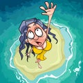 Cartoon scared woman falls on the islet in the sea