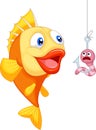 Cartoon Scared worm with hungry fish