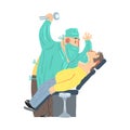 Cartoon scary dentist character with male patient at clinic vector Illustration