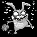 Cartoon scary in love rabbit in black and white coloring