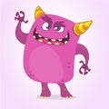 Cartoon Scary Monster With Big Mouth waving. Vector purple monster character
