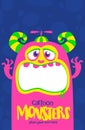 Cartoon scary monster. Vector Halloween pink cool monster. Big set of monster faces. Package design.