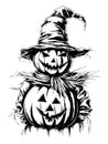 Cartoon scary scarecrow made of pumpkin on white background, sketch vector