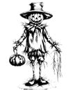 Cartoon scary scarecrow made of pumpkin on white background, sketch vector