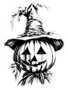 Cartoon scary scarecrow made of pumpkin on white background, sketch vector