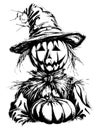 Cartoon scary scarecrow made of pumpkin on white background, sketch vector