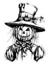 Cartoon scary scarecrow made of pumpkin on white background, sketch vector