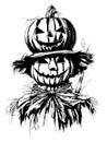 Cartoon scary scarecrow made of pumpkin on white background, sketch vector