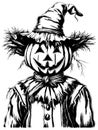 Cartoon scary scarecrow made of pumpkin on white background, sketch vector