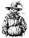 Cartoon scary scarecrow made of pumpkin on white background, sketch vector Royalty Free Stock Photo