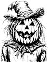 Cartoon scary scarecrow made of pumpkin on white background, sketch vector