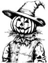 Cartoon scary scarecrow made of pumpkin on white background, sketch vector