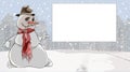 Cartoon scary snowman shows hand on a blank banner