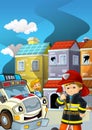 Cartoon scene with ambulance fireman vehicle and fireman boy putting out the fire burning building illustration
