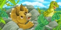 Cartoon scene with triceratops hidind behind the rock from tyrannosaurus rex Royalty Free Stock Photo