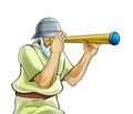 Cartoon scene with ancient warrior with spyglass standing and looking - on white background