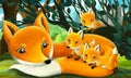 Cartoon scene with animals family of foxes in the forest illustration Royalty Free Stock Photo