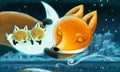 Cartoon scene with animals family of foxes in forest sleeping by night illustration Royalty Free Stock Photo