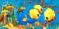 cartoon scene animals swimming on colorful and bright coral reef - illustration