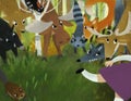 cartoon scene with any forest animals looking at running little girl in the woods illustation for children Royalty Free Stock Photo