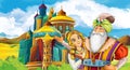 Cartoon scene with arabian king and princess near some magnificent castle and magician