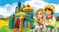 Cartoon scene with arabian king and princess near some magnificent castle and magician